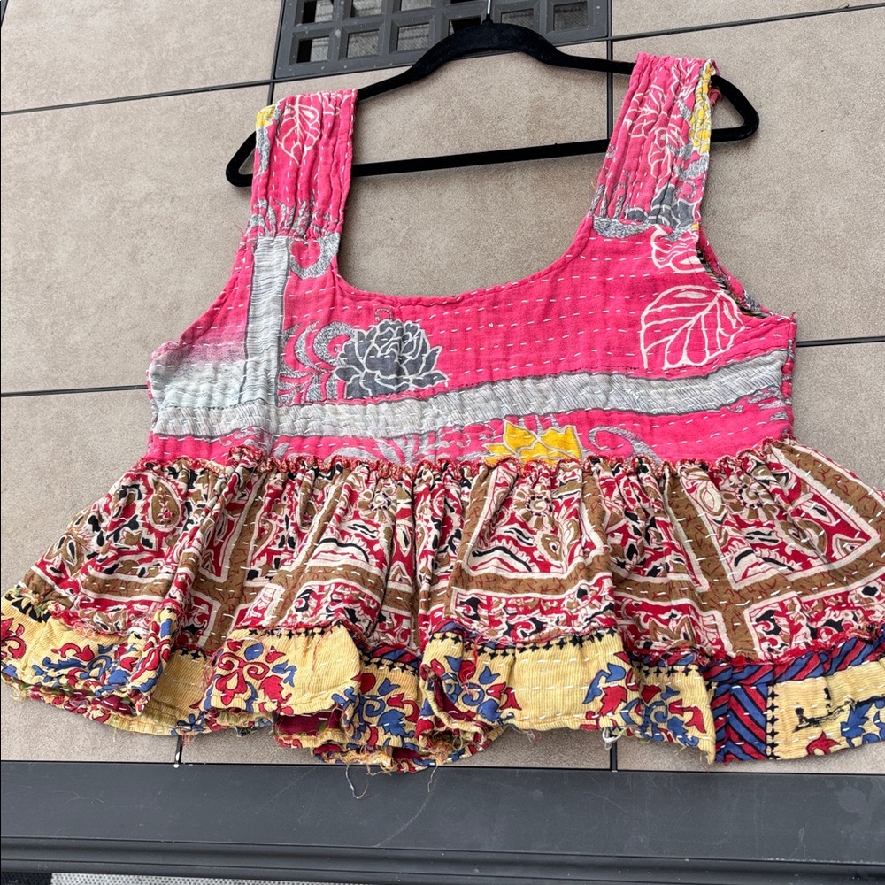 JADED GYPSY Ladies Pink Patchwork Ruffle Kantha Hem Boho Tank Top-One Size